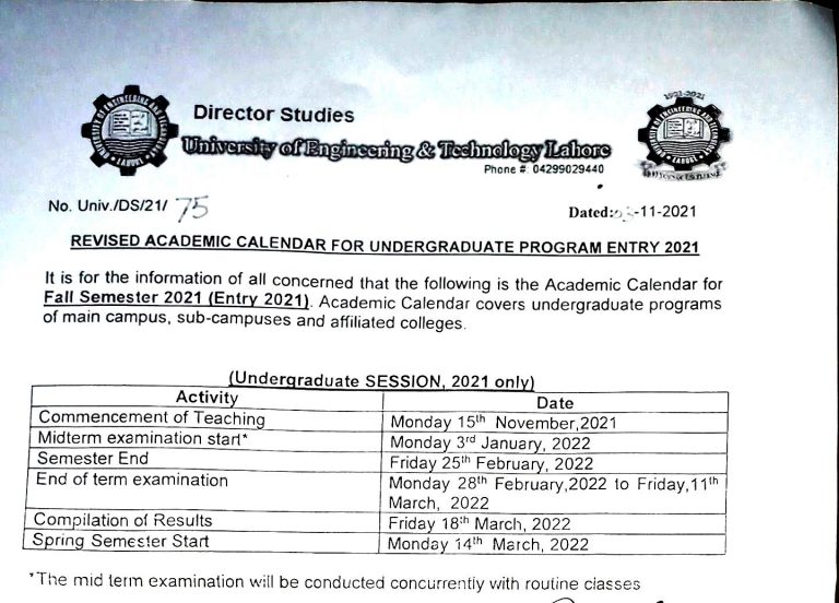 Revised Academic Calendar for Undergraduate Program Entry 2021